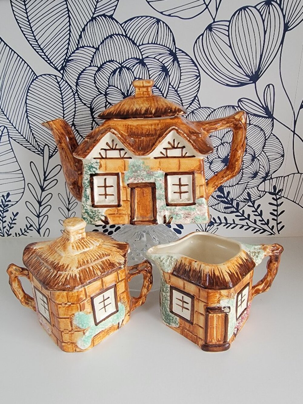 Keele St. Pottery teapot creamer & lidded sugar; cottagecore thatched house